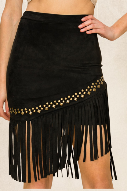 Studs Fringe Suede Skirt
