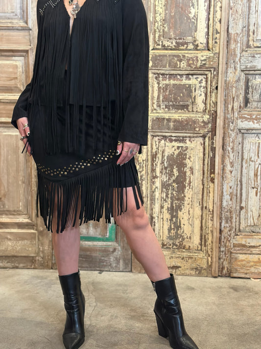 Studs Fringe Suede Skirt