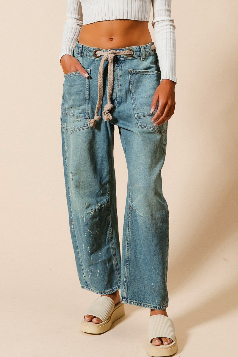 Washed Drawstring Jeans