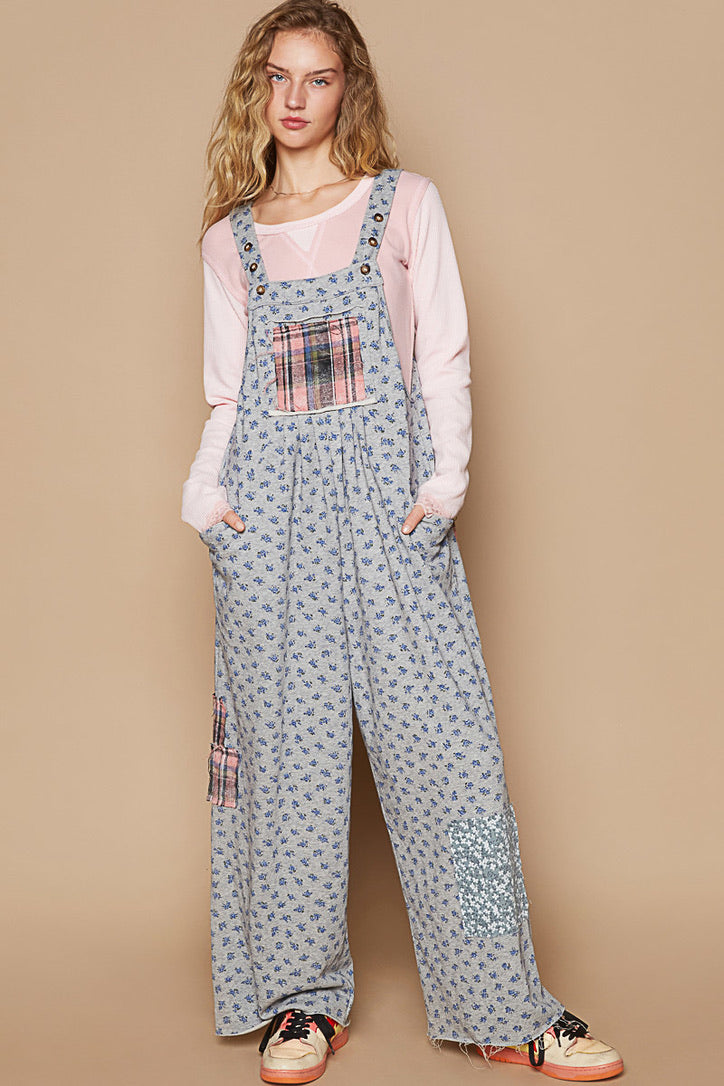 Knit Floral Patched Overalls-9920