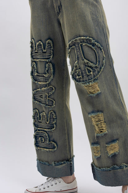 Distressed Peace Patch Jeans