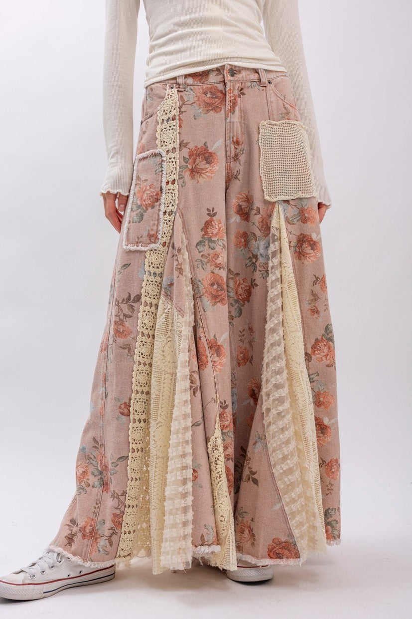 Floral Lace Insert Denim
