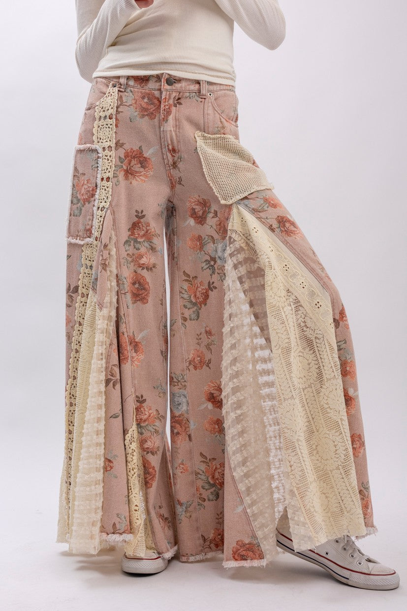 Floral Lace Insert Denim