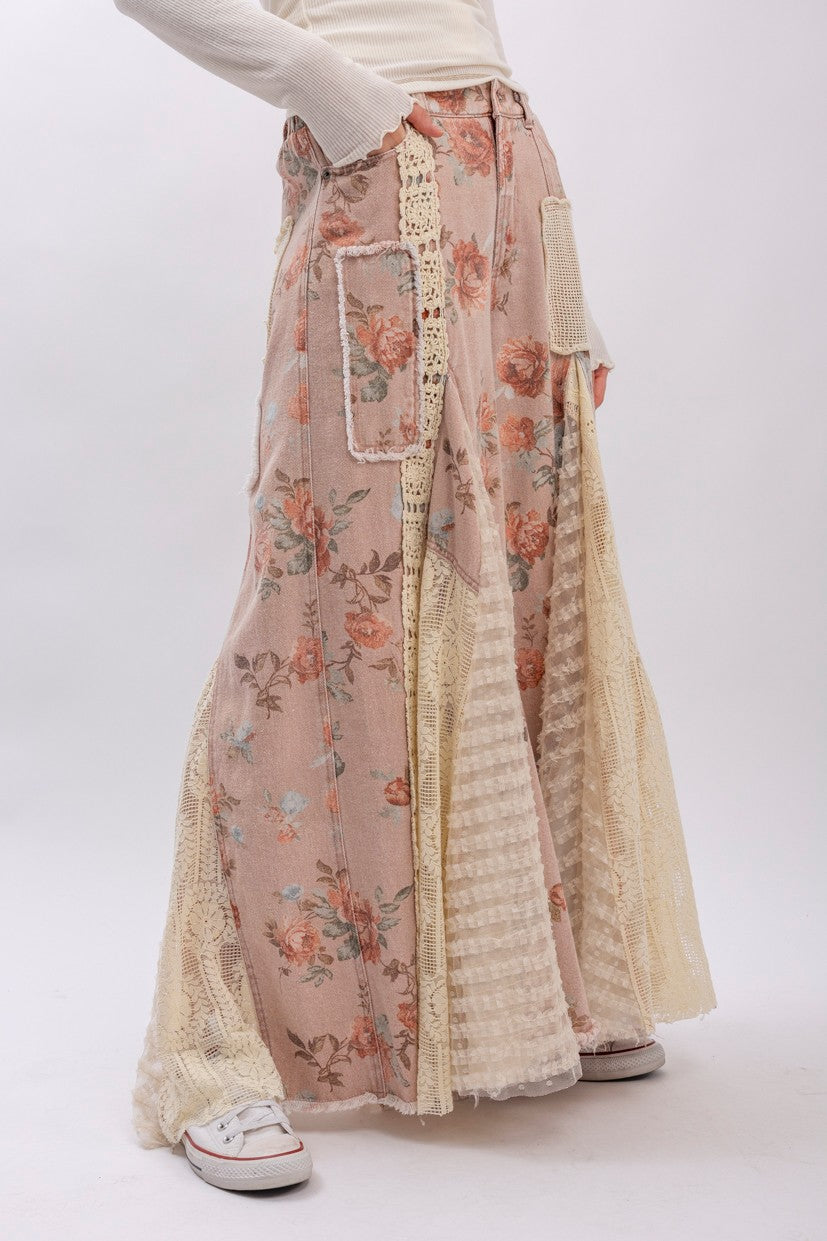 Floral Lace Insert Denim