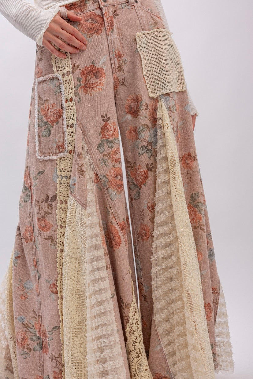 Floral Lace Insert Denim