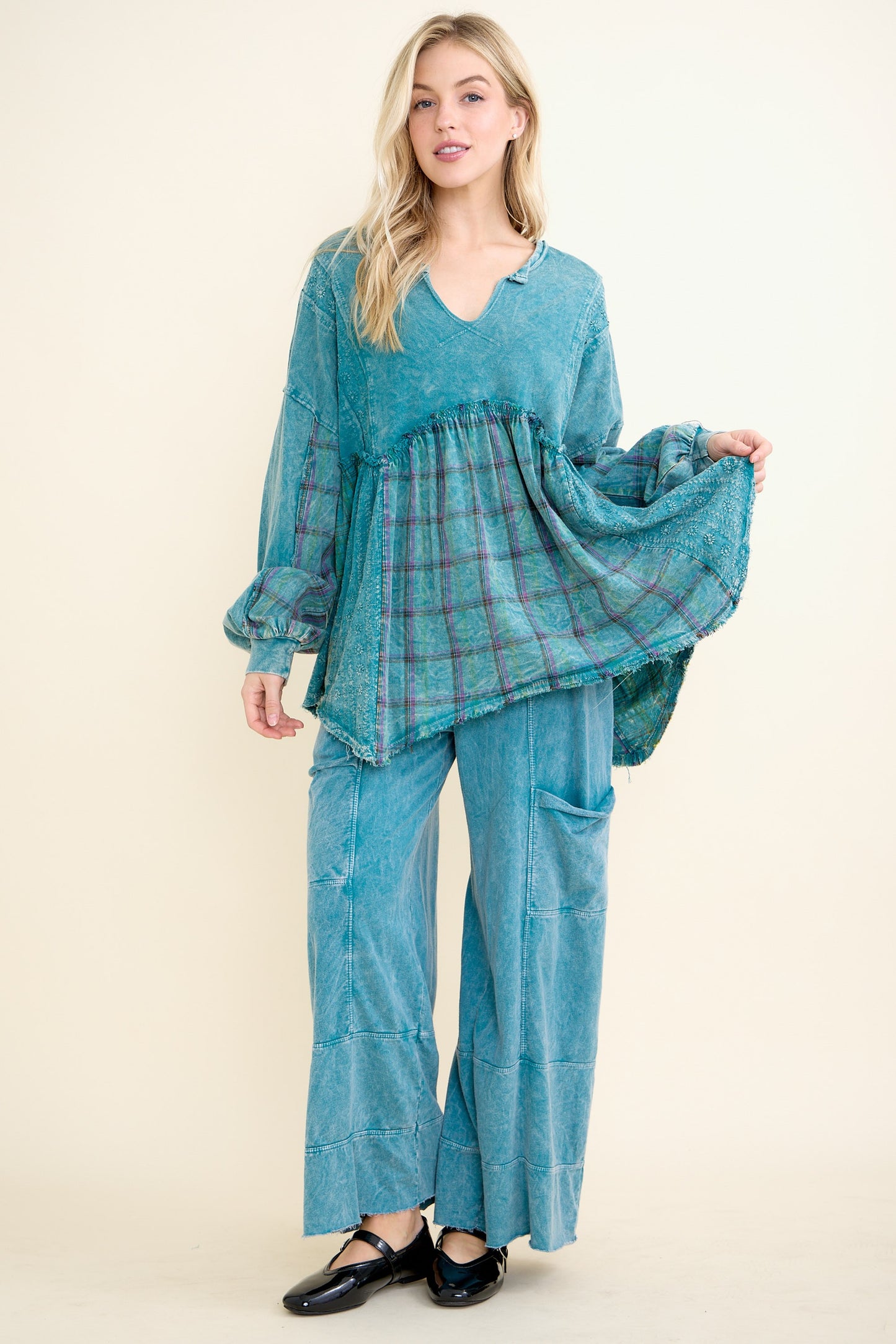Flannel Eyelit Babydoll Top