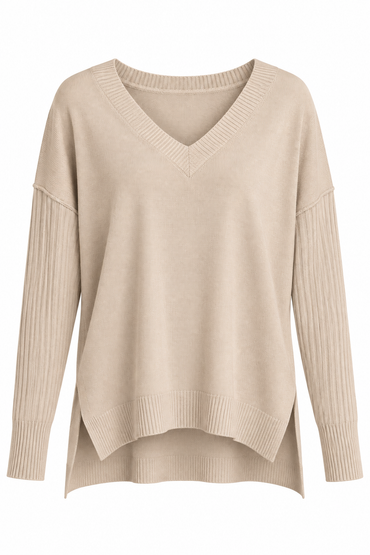 V Neck Side Slit Sweater-9877
