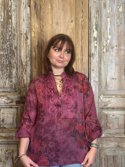 1/4 Front Embroidered Floral Blouse