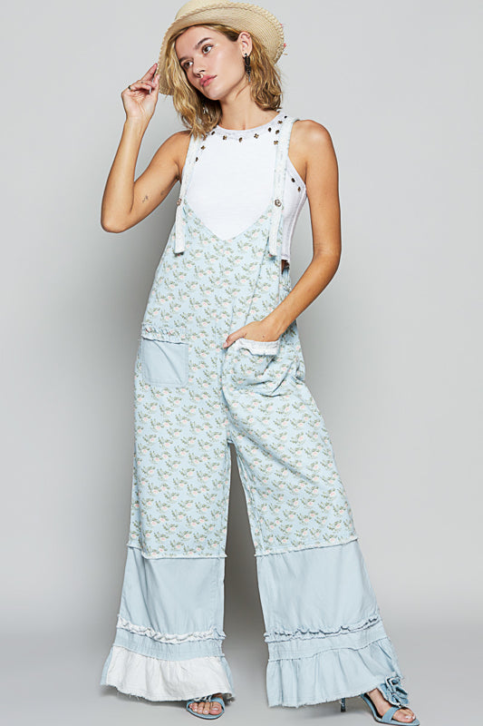 Floral Ruffled Hem Overalls