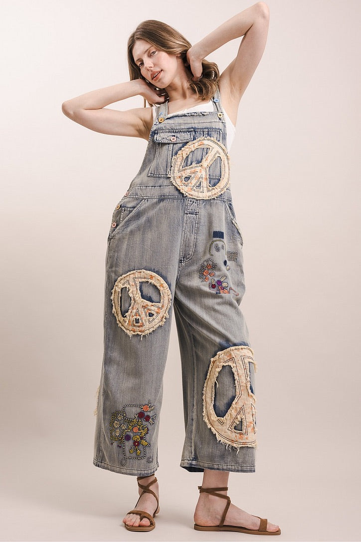 Embroidered Peace Patch Overalls