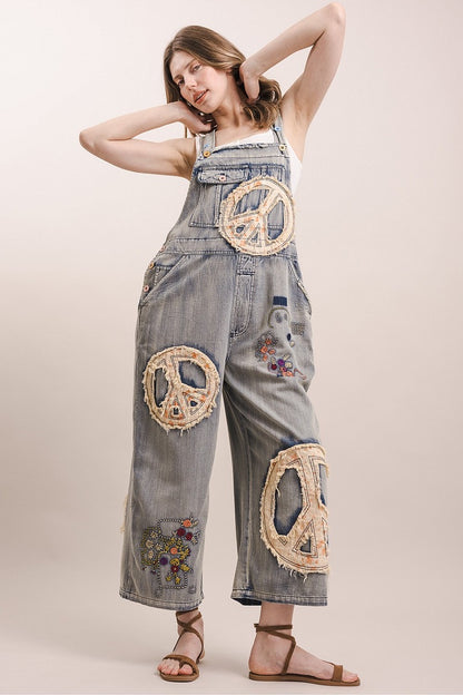 Embroidered Peace Patch Overalls
