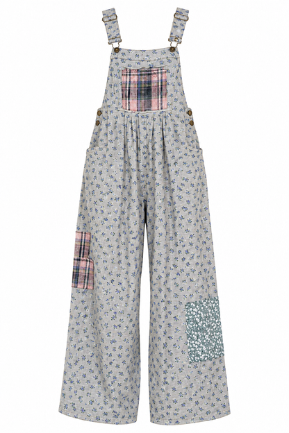 Knit Floral Patched Overalls-9920