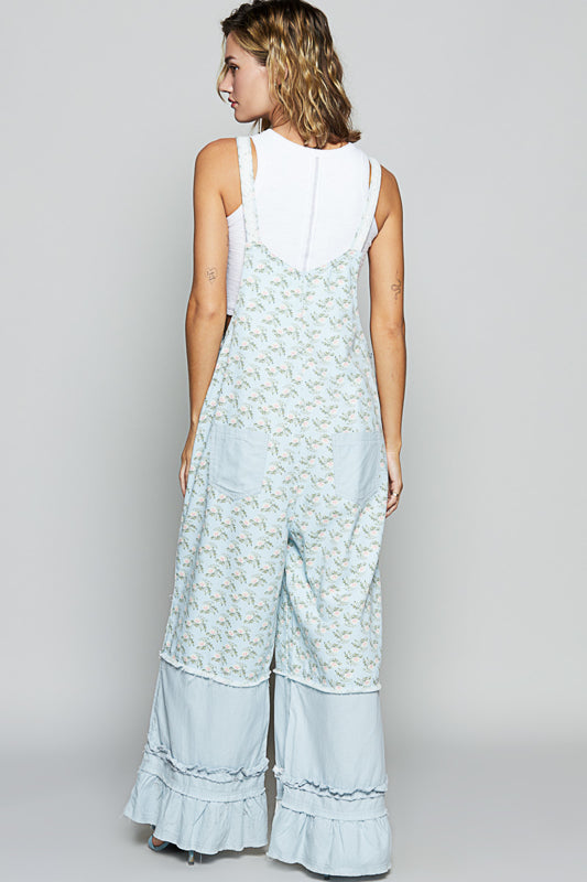 Floral Ruffled Hem Overalls