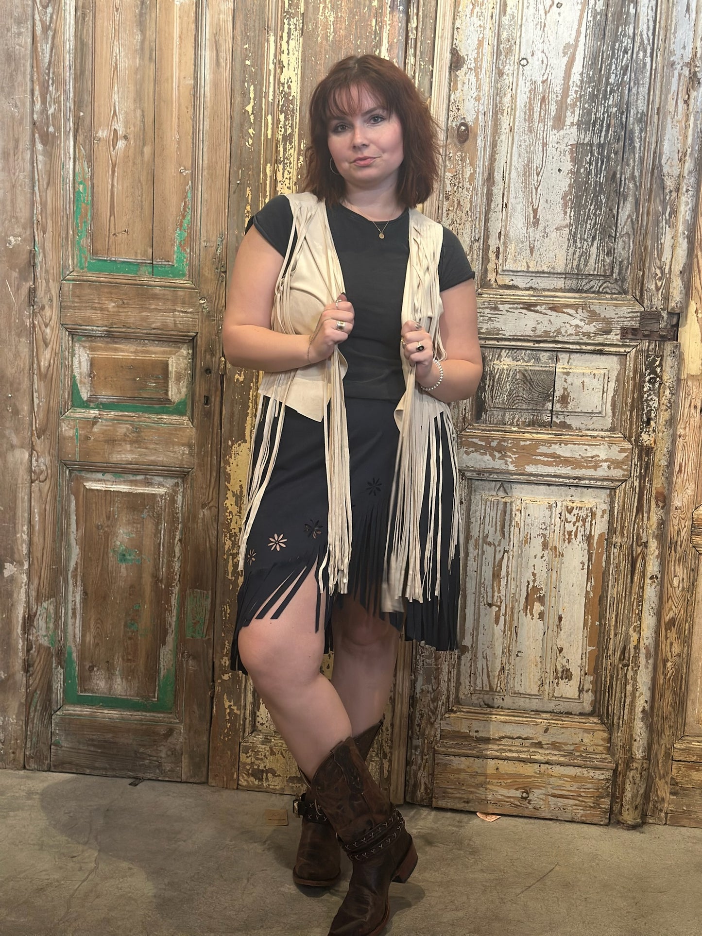 Studs Fringe Suede Skirt