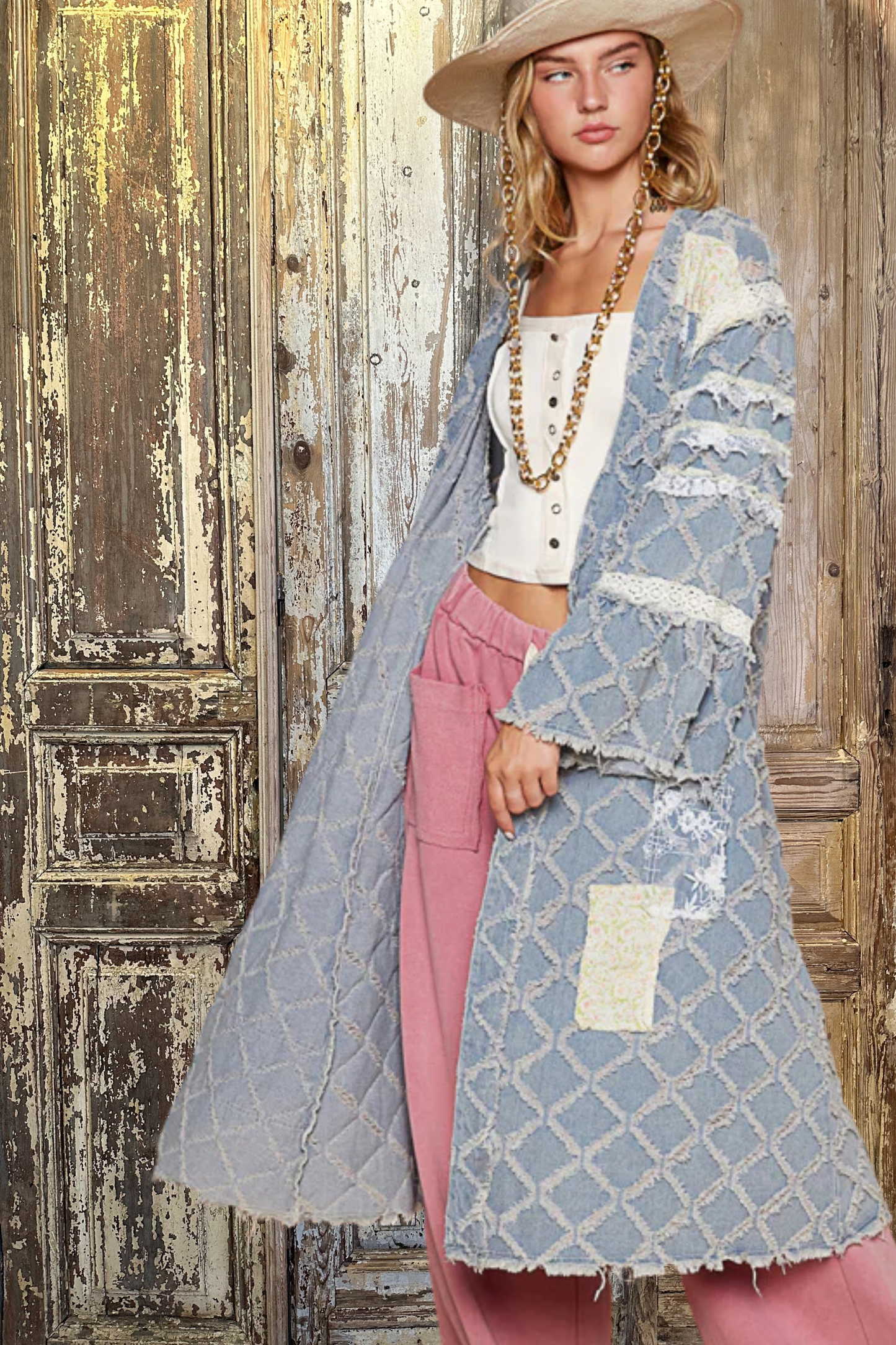 Denim Square Pattern Duster