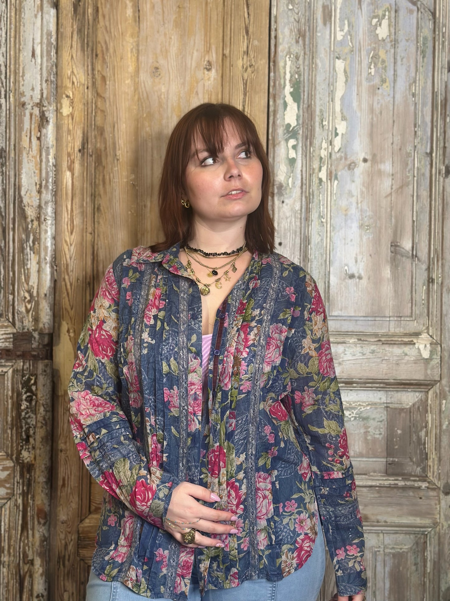Pleated Lace Floral Blouse
