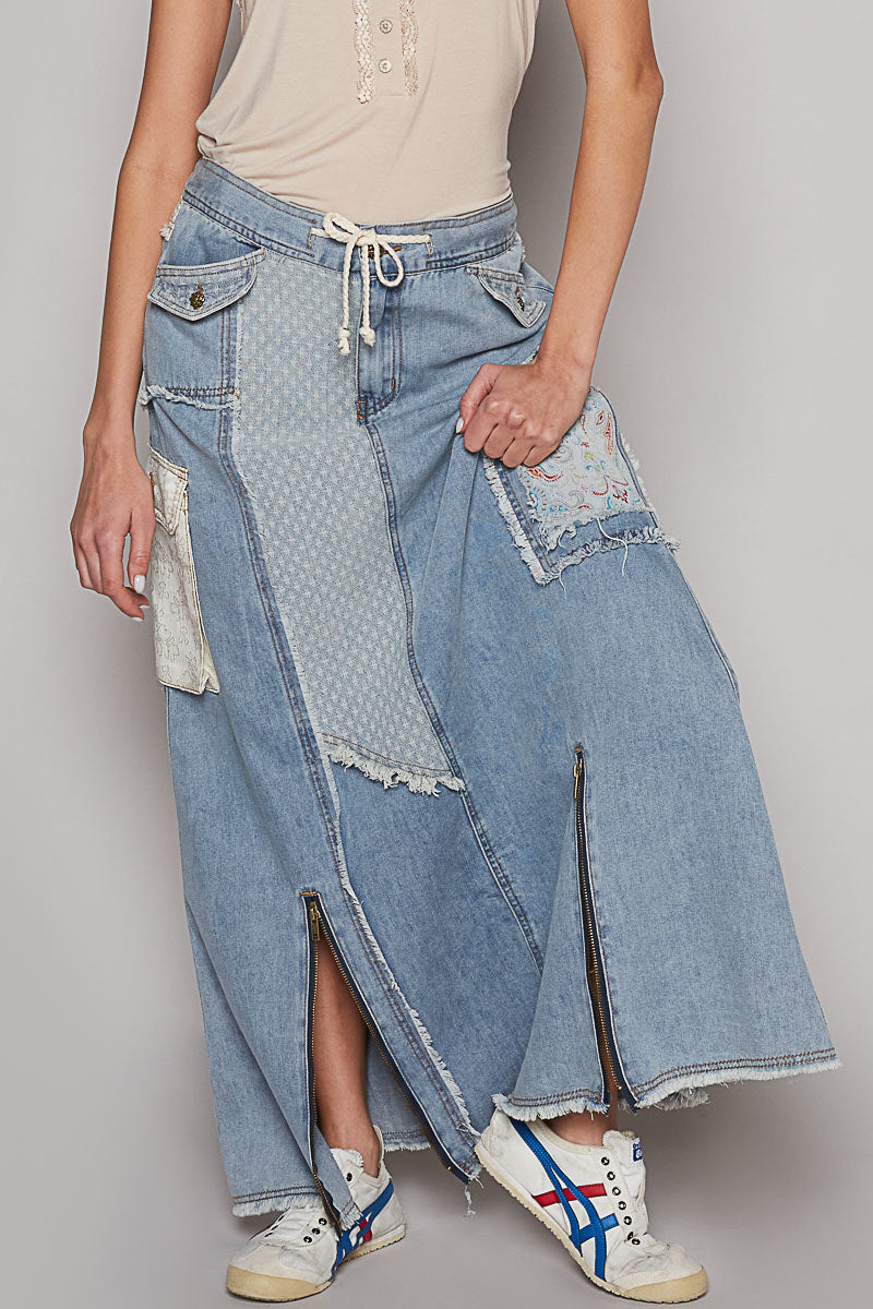 Maxi Denim Patched Skirt-9939