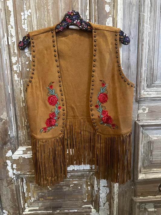Embroidered Suede Fringe Vest