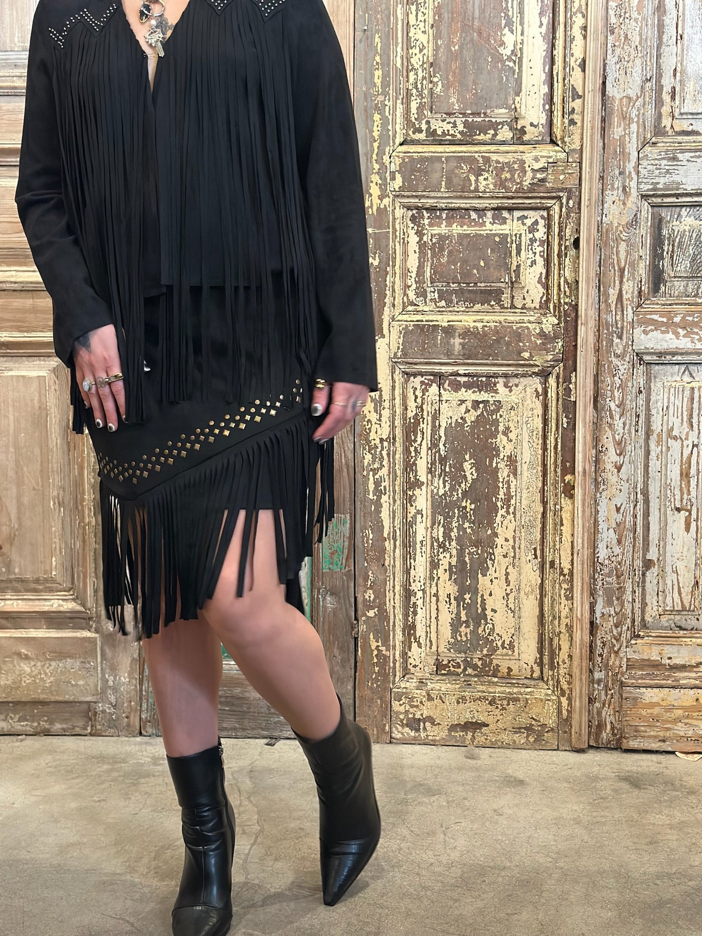 Studs Fringe Suede Skirt