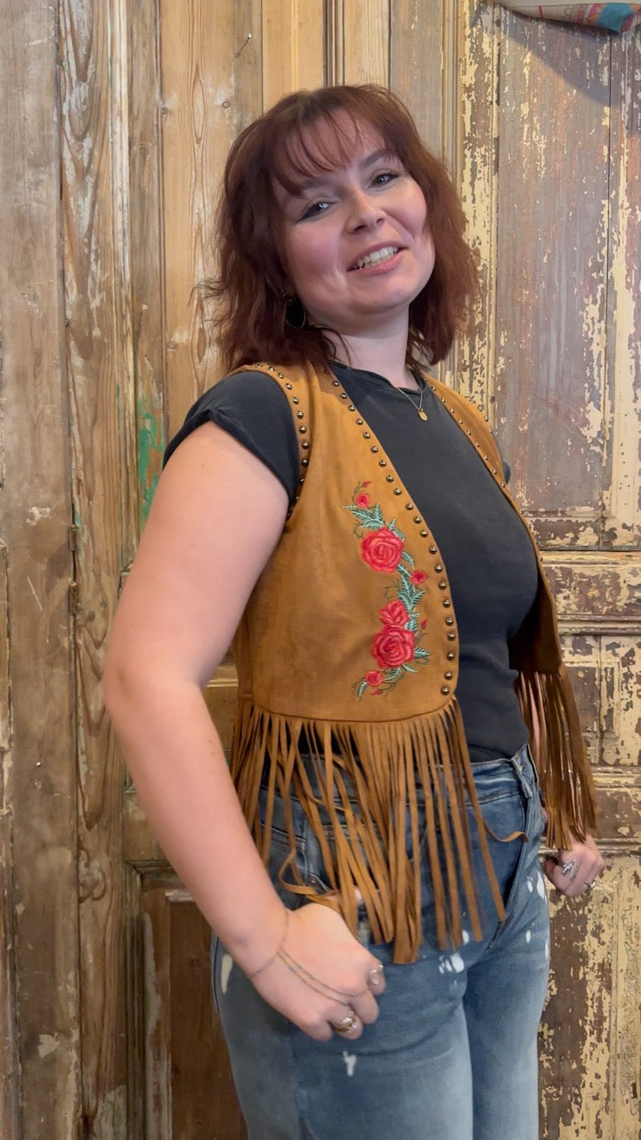 Embroidered Suede Fringe Vest