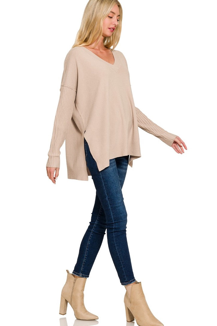 V Neck Side Slit Sweater-9877