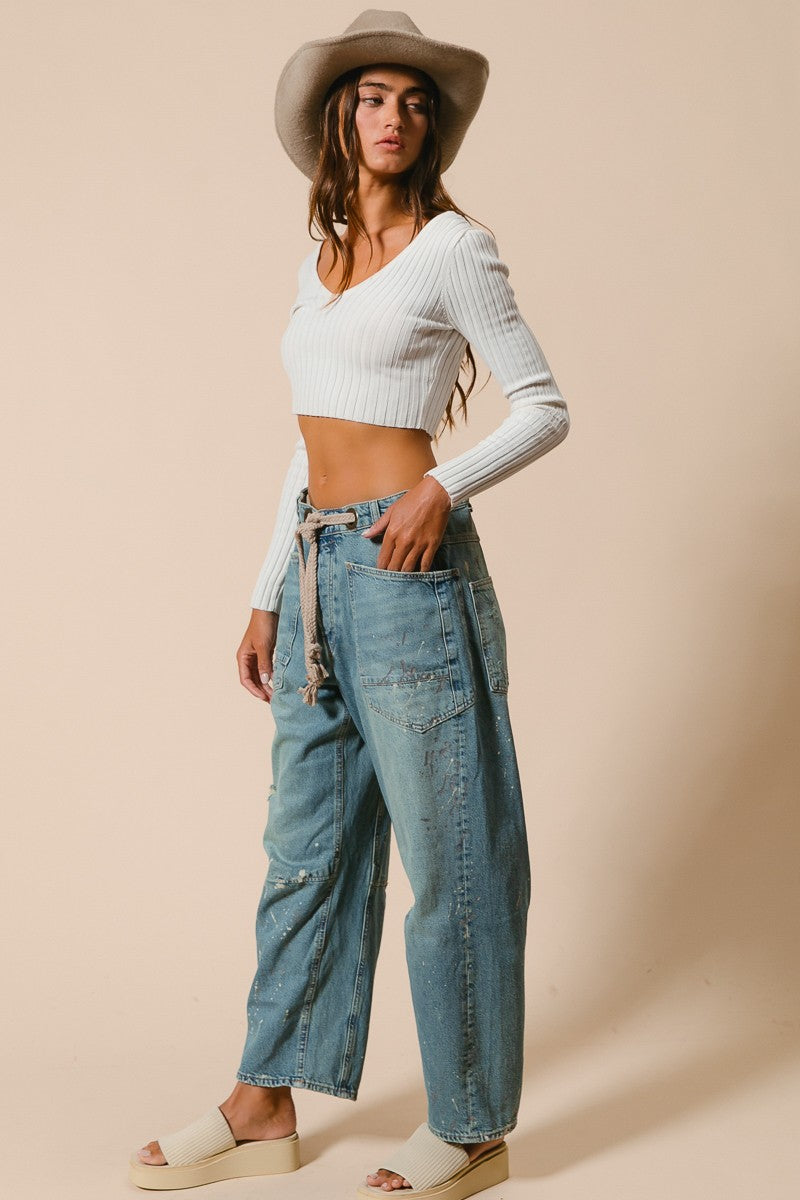 Washed Drawstring Jeans