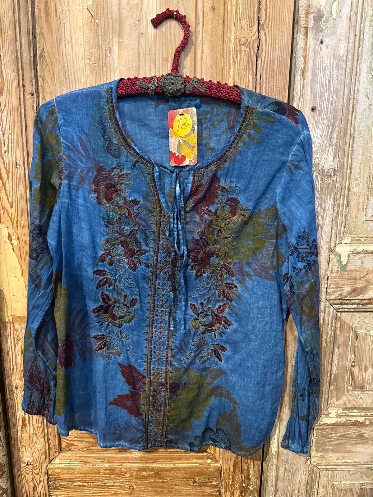 Embroidered Tie Front Blouse