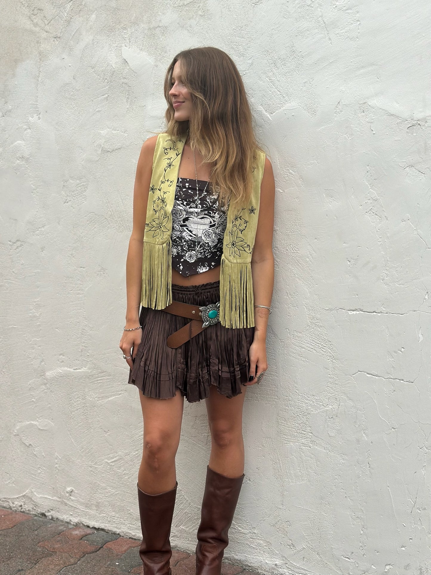 Pistachio Suede Fringe Vest