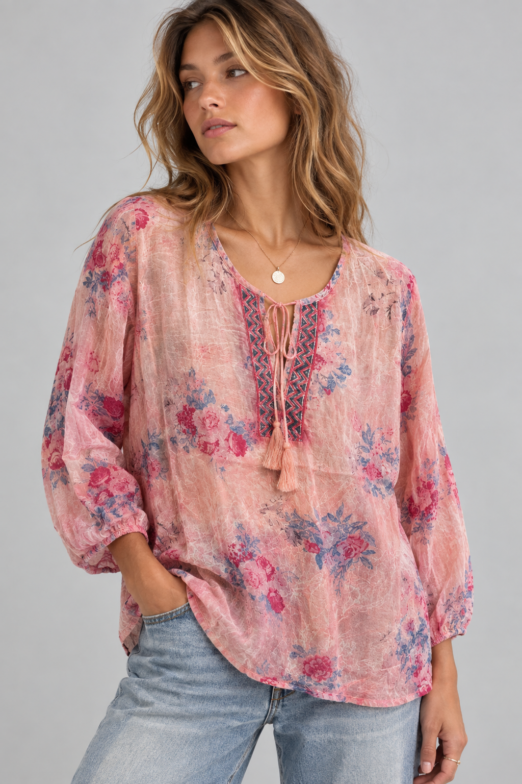 Embroidered Tie Front Blouse