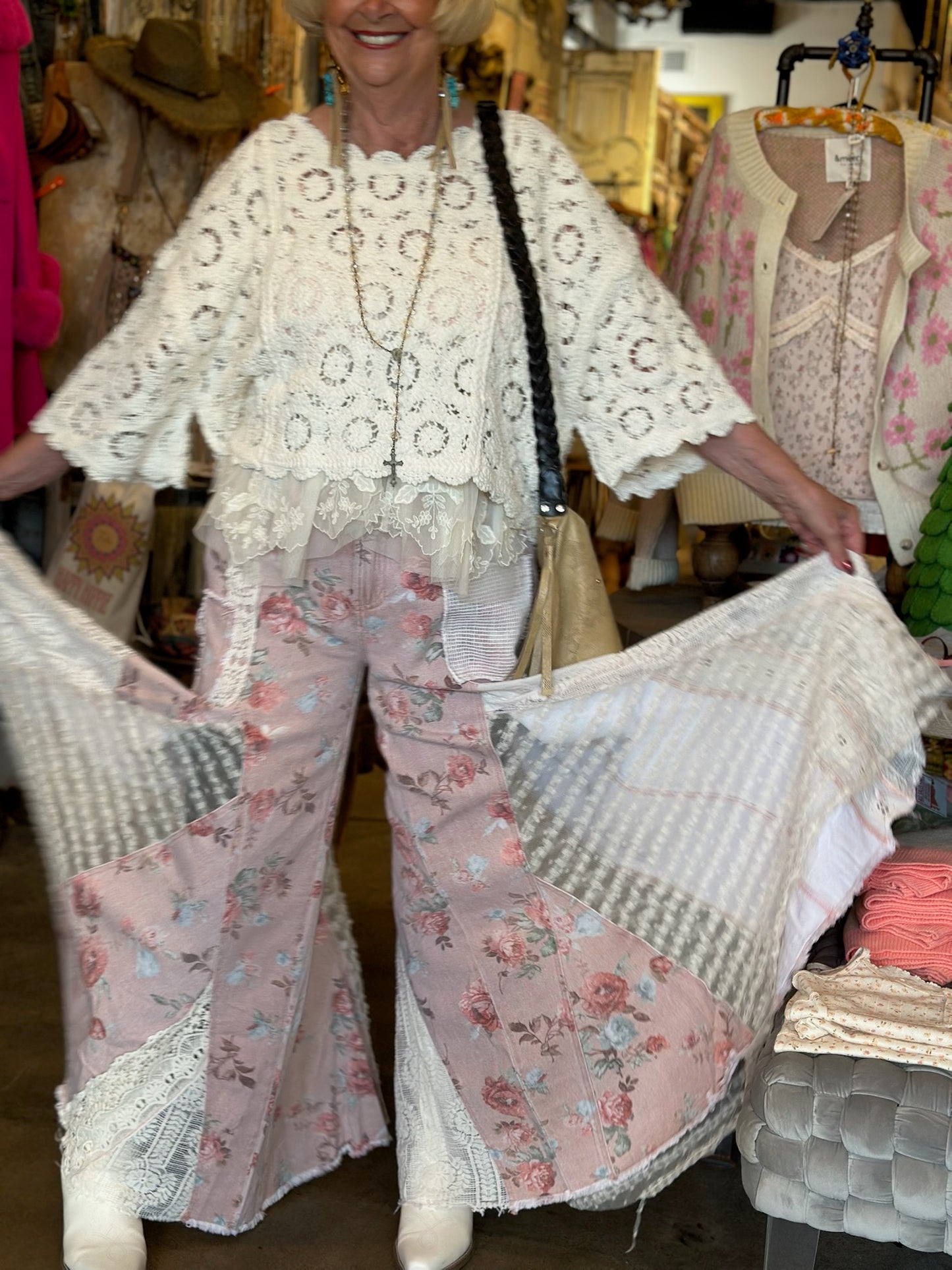 Floral Lace Insert Denim