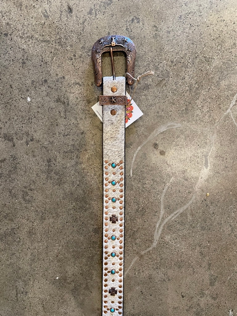 Turquoise & Cross Studded Leather Fur Belt