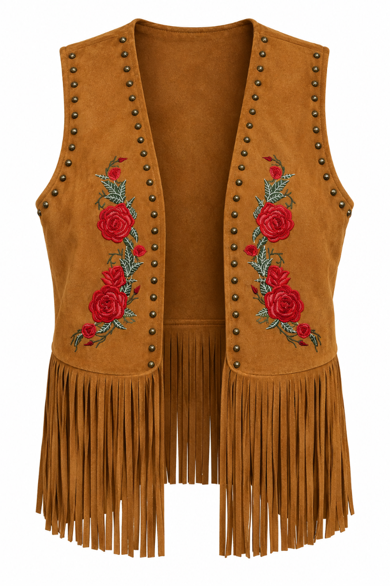 Embroidered Suede Fringe Vest
