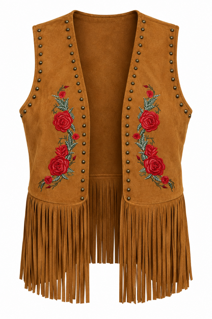 Embroidered Suede Fringe Vest