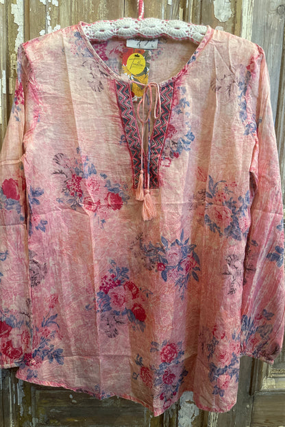 Embroidered Tie Front Blouse