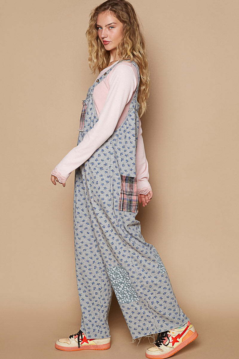 Knit Floral Patched Overalls-9920