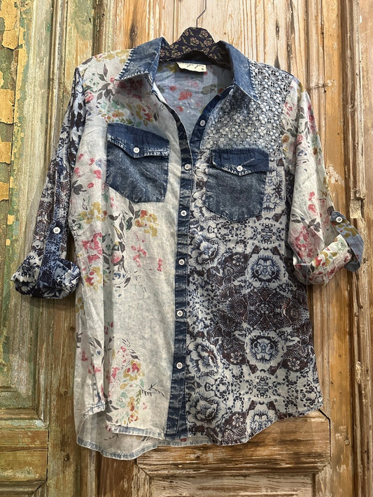 Denim Collar Floral Shirt