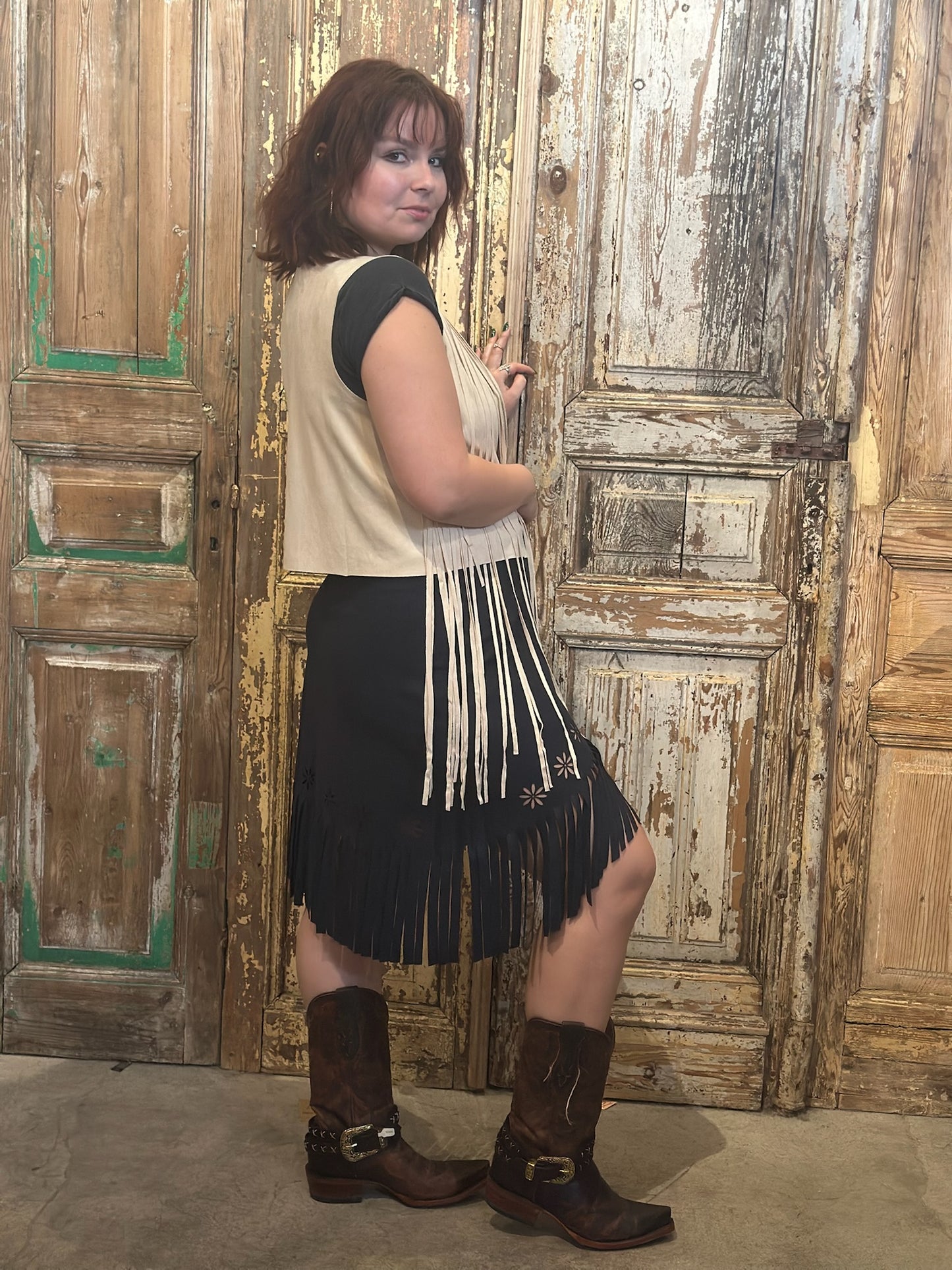 Studs Fringe Suede Skirt