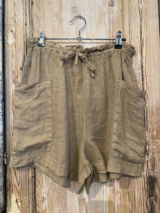 Drawstring Front Pockets Linen Shorts