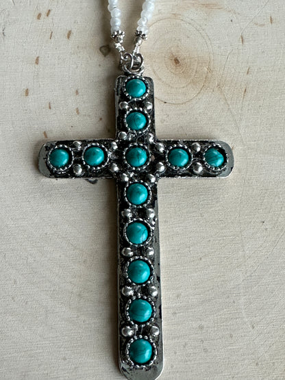 Large Turquoise Cross & White Beads Necklace