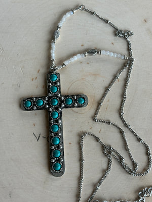 Large Turquoise Cross & White Beads Necklace