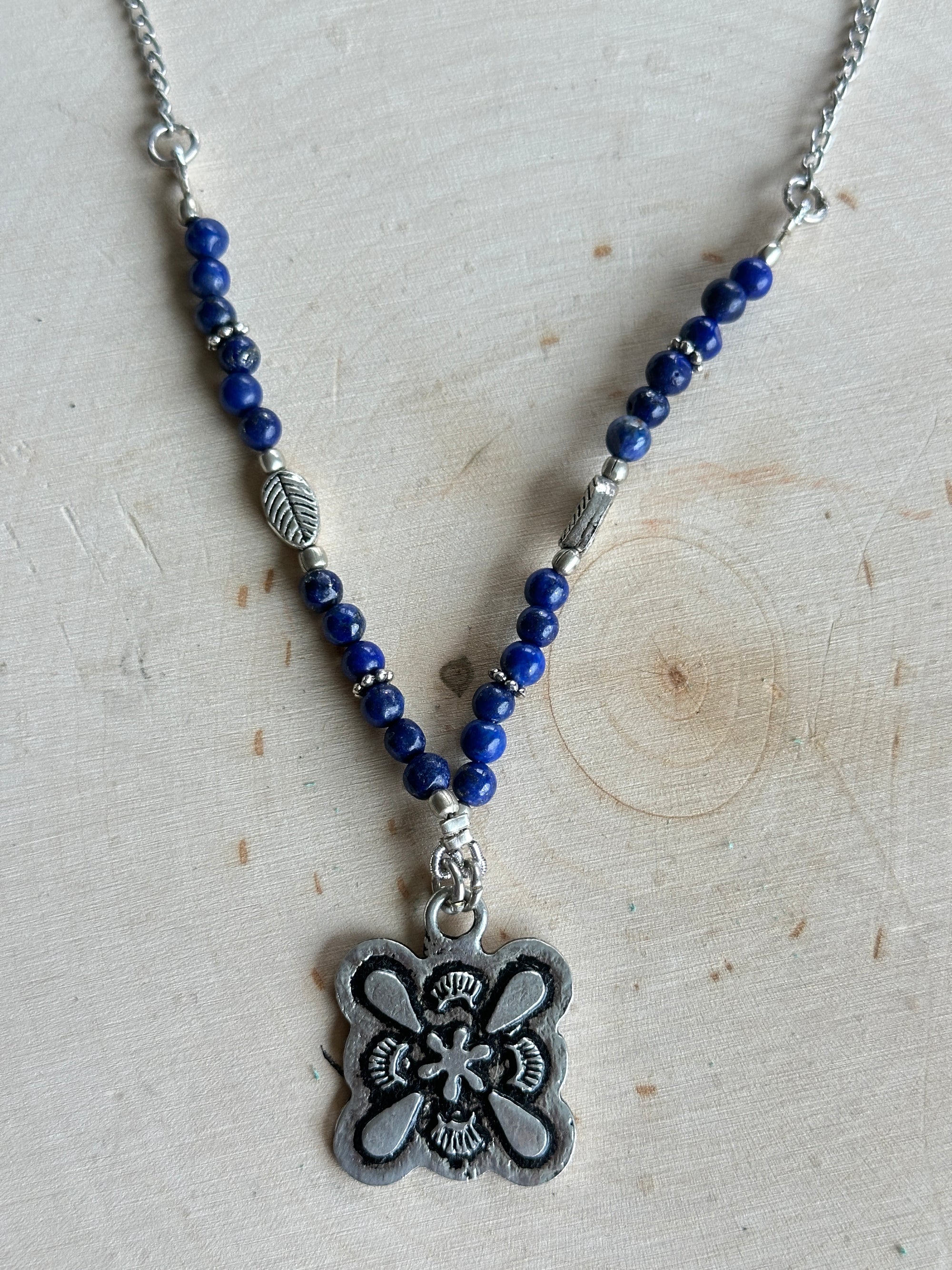 Blue Beads On Silver Necklace