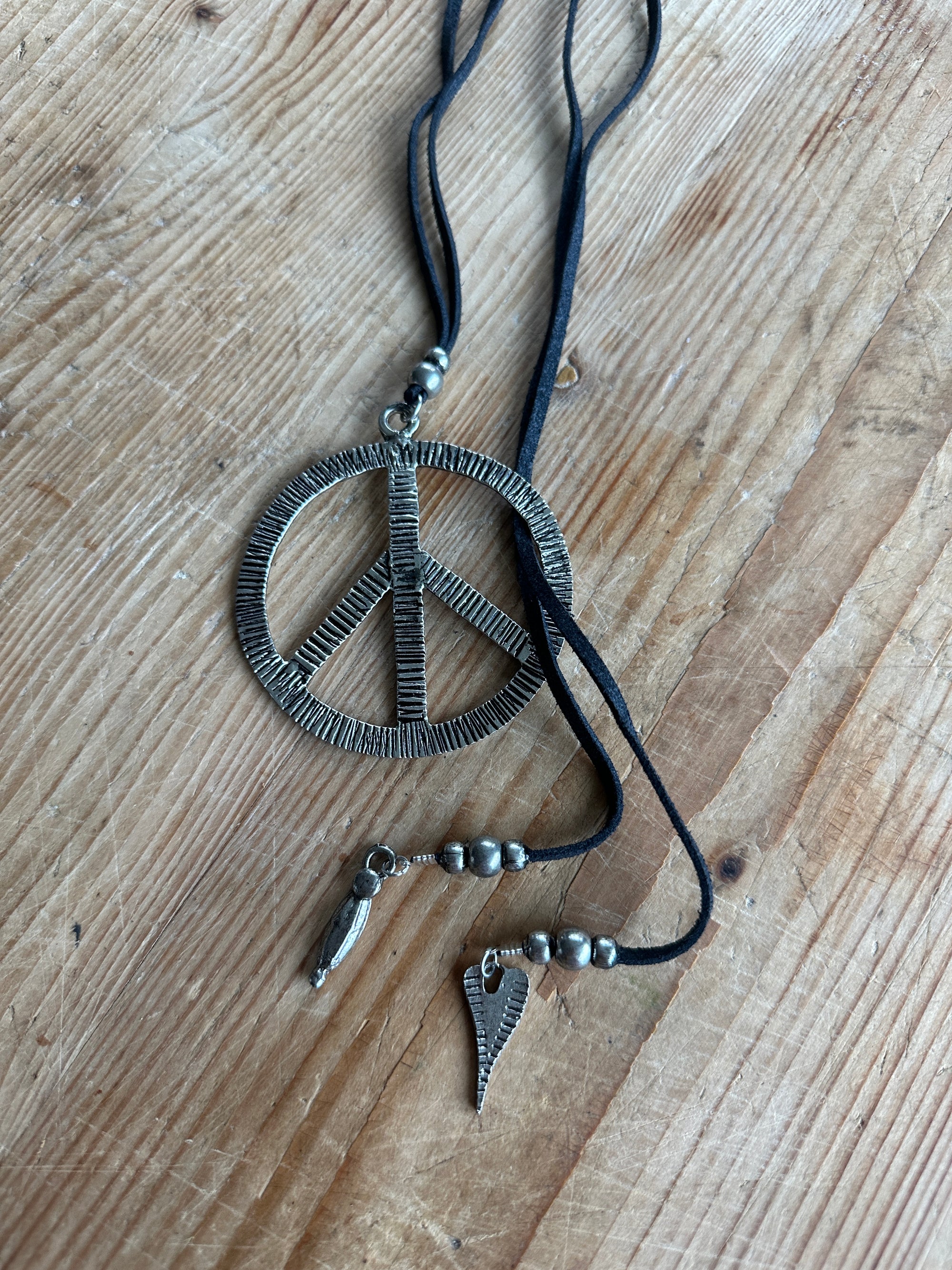 Large Silver Peace Sign Leather Necklace