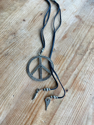 Large Silver Peace Sign Leather Necklace