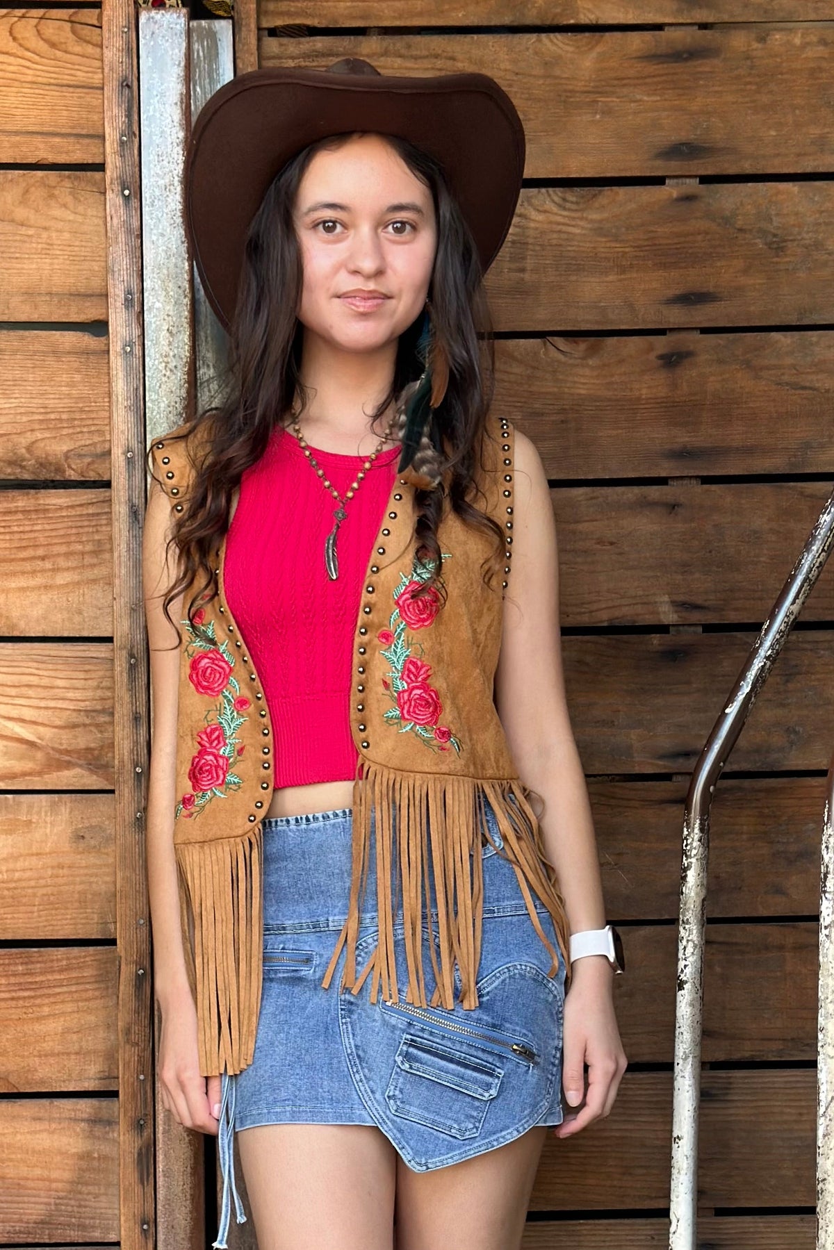 Embroidered Suede Fringe Vest