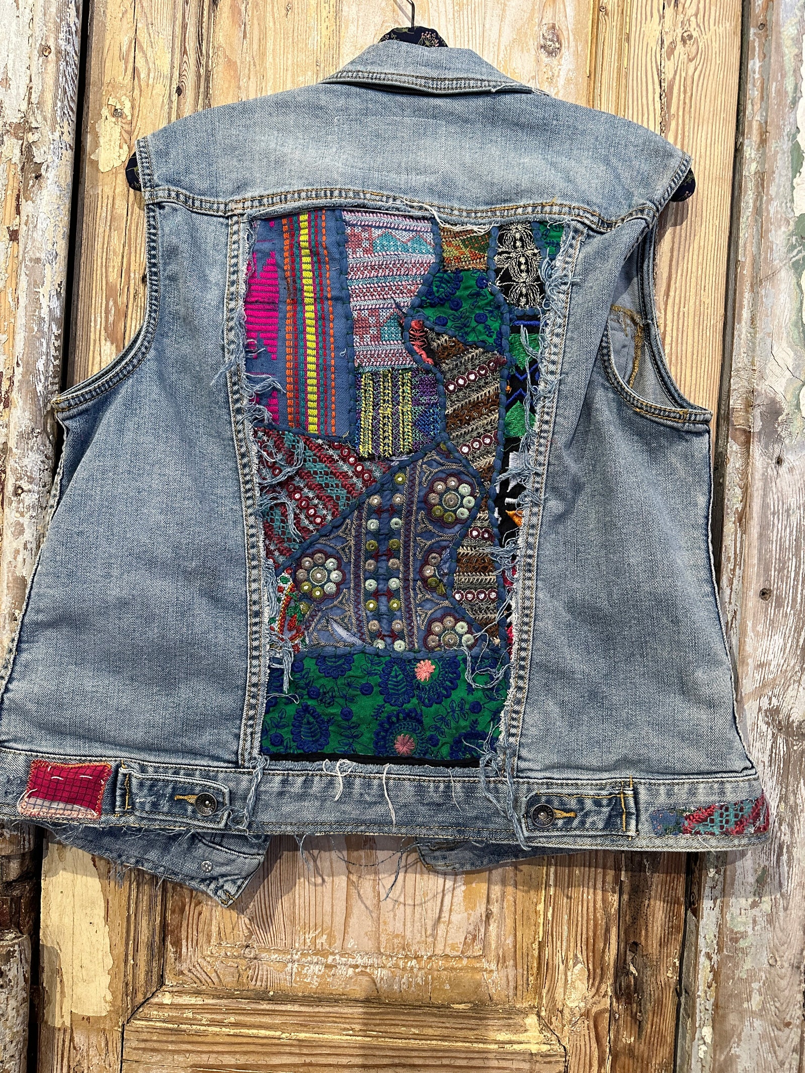 Up-cycled denim jacket Flower Of Life, embroidered boho hippie