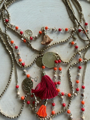 Orange Boho Tassle Necklace