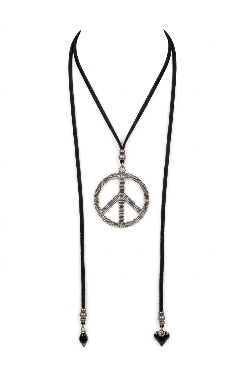 Large Silver Peace Sign Leather Necklace