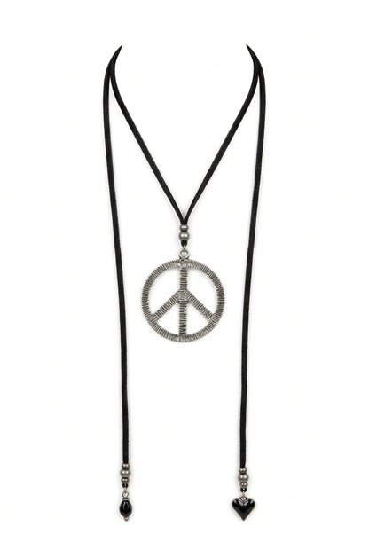 Large Silver Peace Sign Leather Necklace