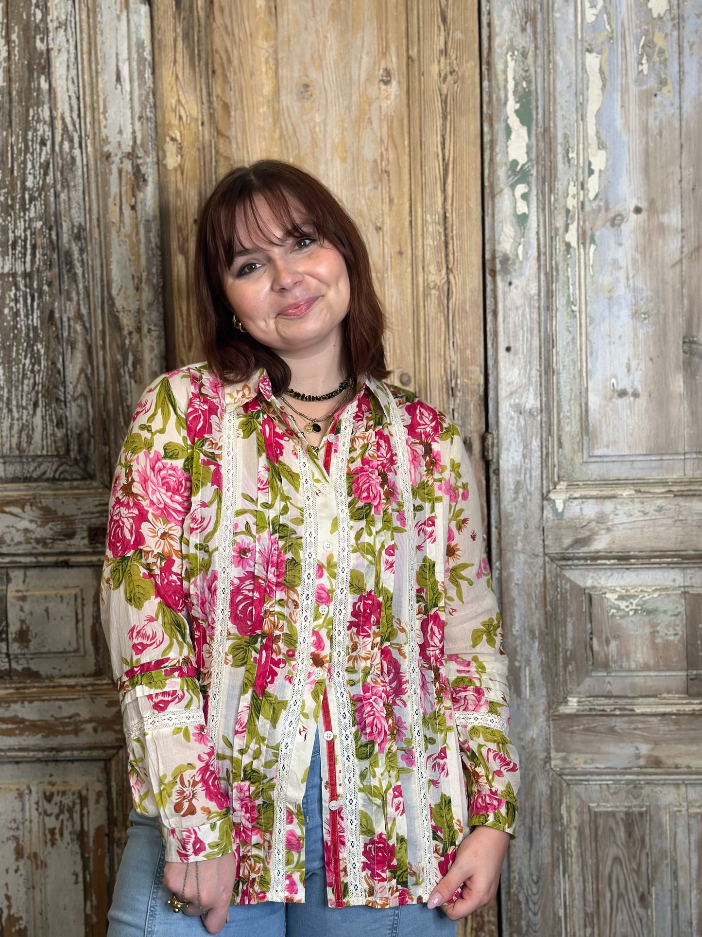 Pleated Lace Floral Blouse