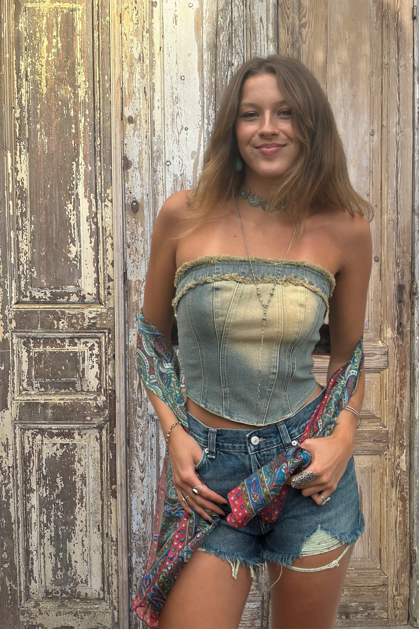 Distressed Denim Tube Top